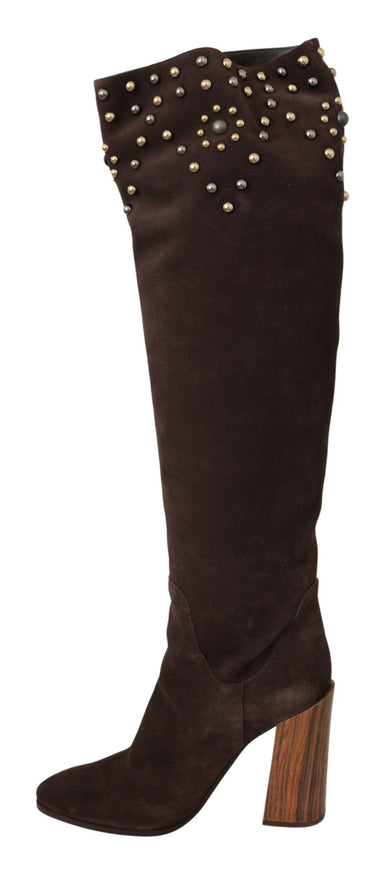 Dolce & Gabbana Brown Suede Studded Knee High Shoes Boots - Ellie Belle