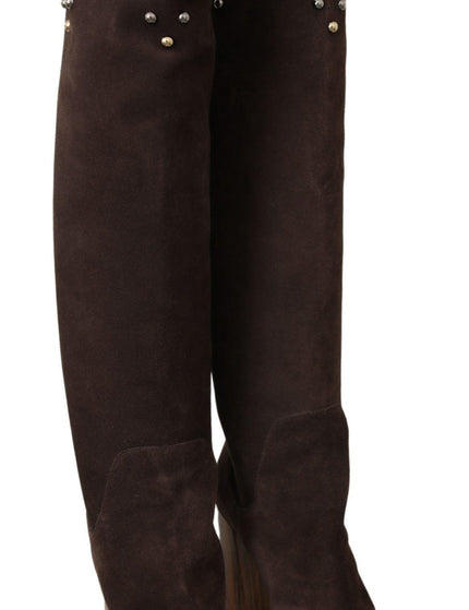 Dolce & Gabbana Brown Suede Studded Knee High Shoes Boots - Ellie Belle