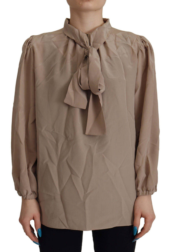 Dolce & Gabbana Brown Waistband Sleeves Ascot Collar Top Blouse - Ellie Belle