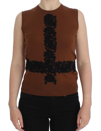 Dolce & Gabbana Brown Wool Black Lace Vest Sweater Top