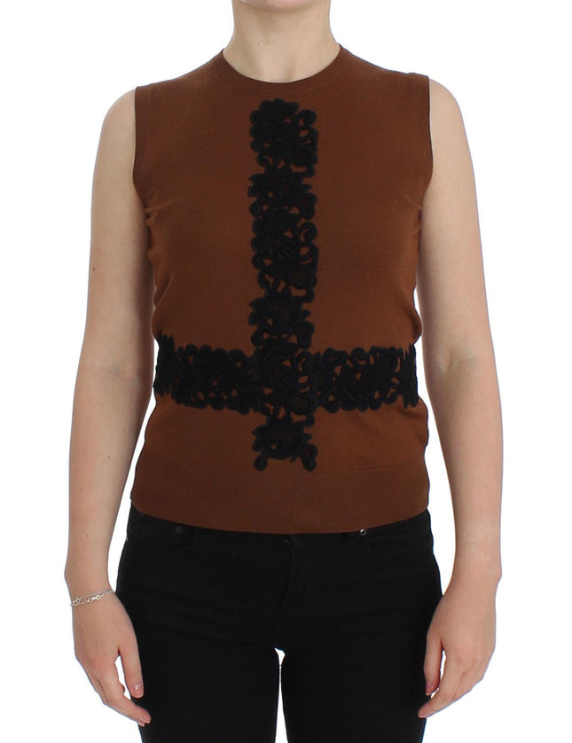 Dolce & Gabbana Brown Wool Black Lace Vest Sweater Top
