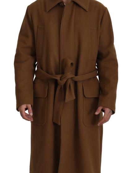 Dolce & Gabbana Brown Wool Long Belted Men Overcoat Jacket - Ellie Belle