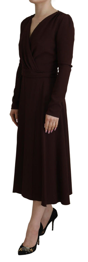 Dolce & Gabbana Brown Wrap Long Sleeve Midi Stretch Dress - Ellie Belle