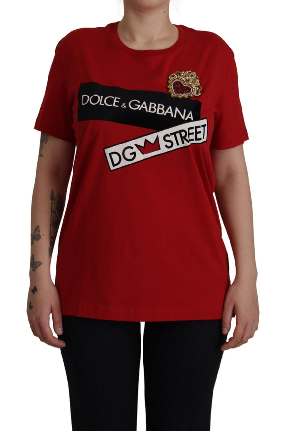 Dolce & Gabbana Cotton Red Embellished Round Neck Top T-shirt - Ellie Belle