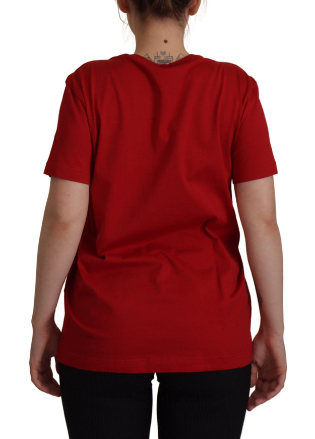 Dolce & Gabbana Cotton Red Embellished Round Neck Top T-shirt - Ellie Belle