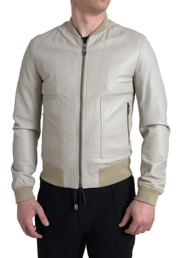 Dolce & Gabbana Cream Leather Bomber Blouson Full Zip Jacket - Ellie Belle