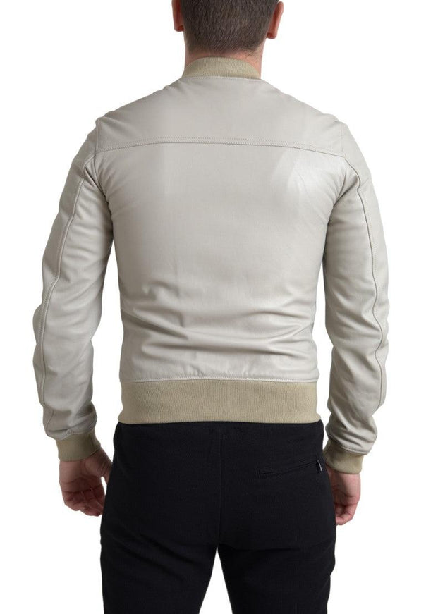 Dolce & Gabbana Cream Leather Bomber Blouson Full Zip Jacket - Ellie Belle