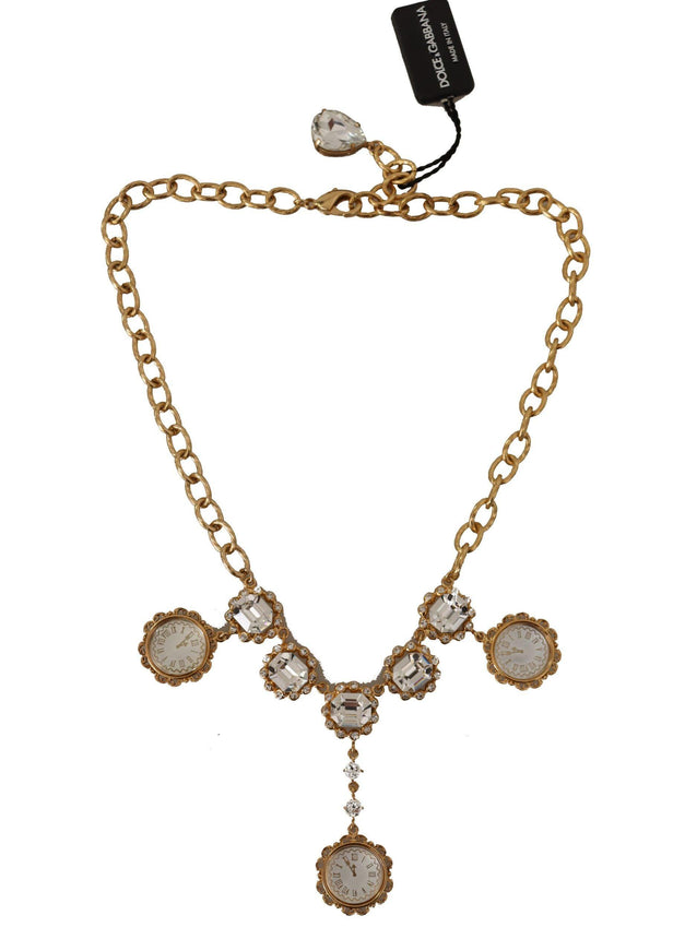 Dolce & Gabbana Crystal Clock Statement Gold Brass Chain Necklace - Ellie Belle