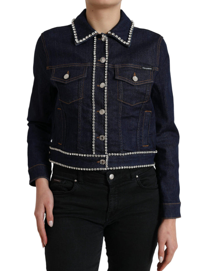 Dolce & Gabbana Dark Blue Crystal Trimmed Cotton Denim Jacket - Ellie Belle