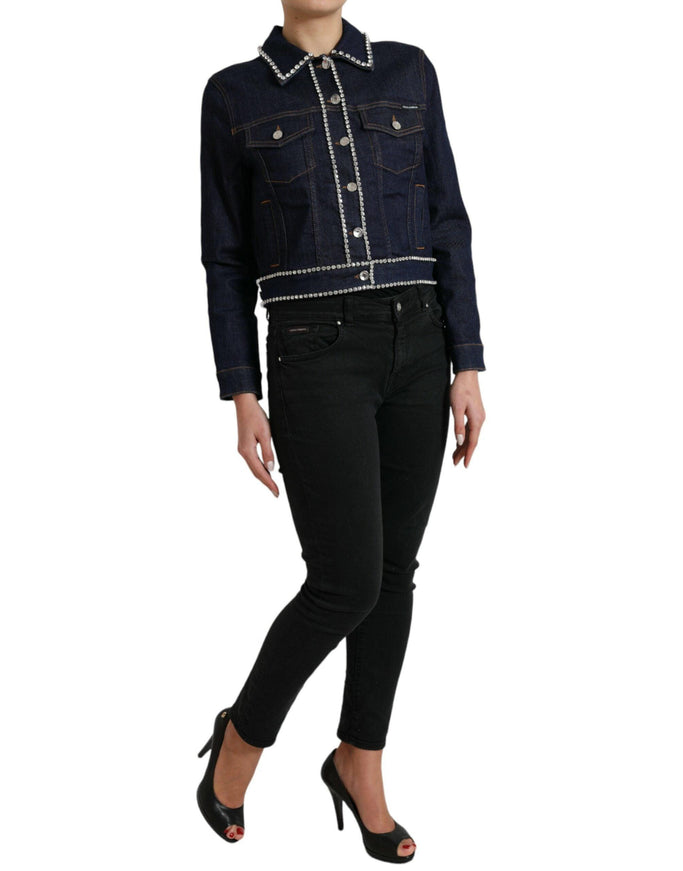 Dolce & Gabbana Dark Blue Crystal Trimmed Cotton Denim Jacket - Ellie Belle