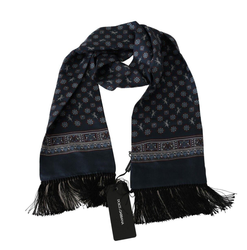 Dolce & Gabbana Dark Blue Patterned Silk Shawl Fringes Scarf - Ellie Belle