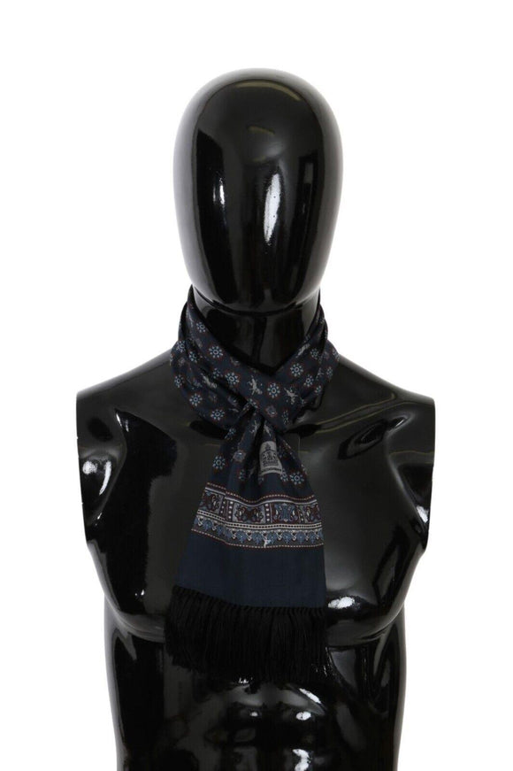 Dolce & Gabbana Dark Blue Patterned Silk Shawl Fringes Scarf - Ellie Belle