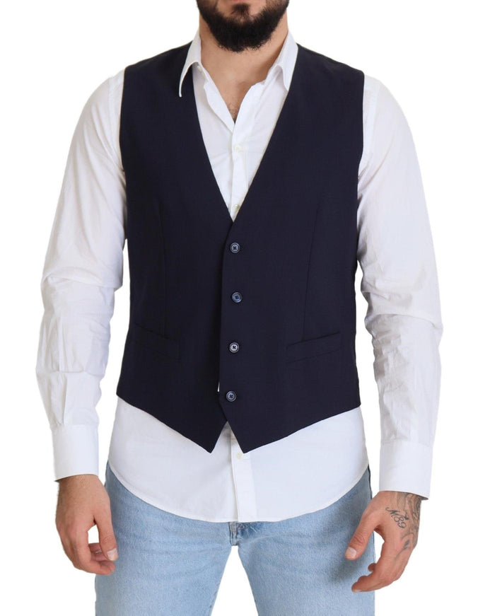 Dolce & Gabbana Dark Blue Wool Stretch Waistcoat Formal Vest - Ellie Belle