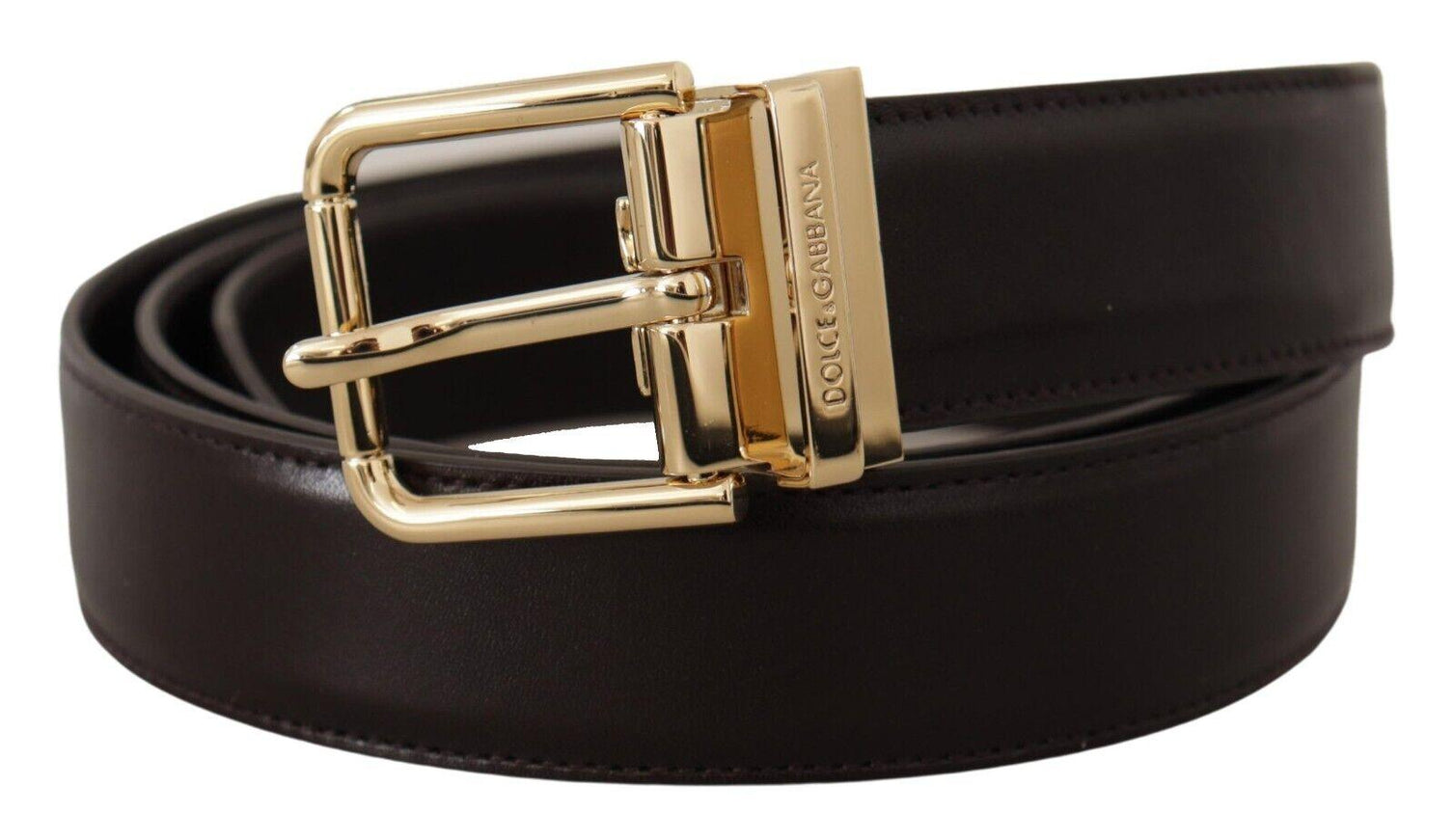 Dolce & Gabbana Dark Brown Leather Gold Tone Logo Metal Buckle Belt - Ellie Belle