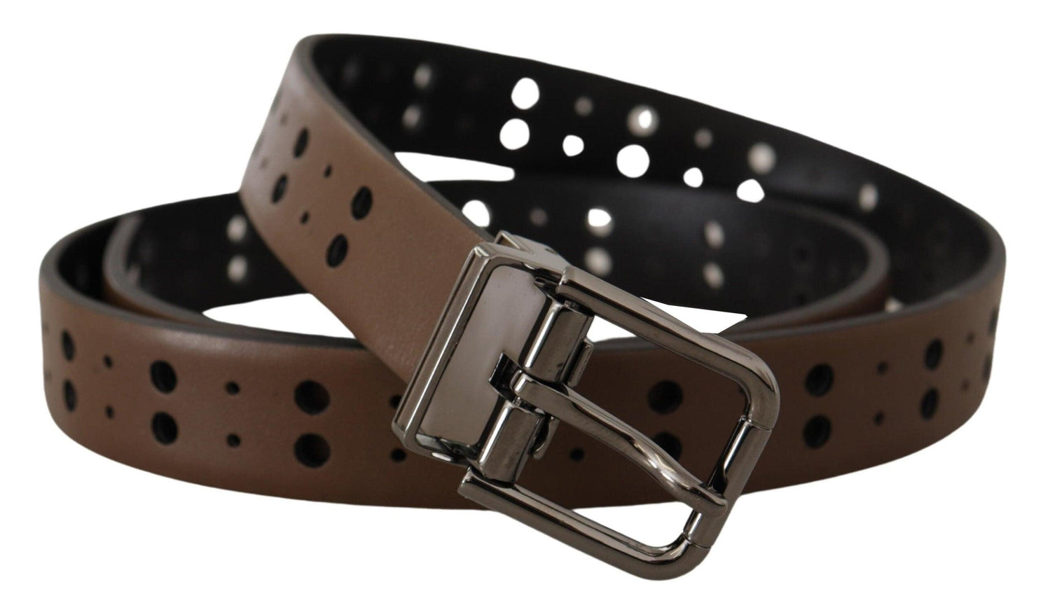 Dolce & Gabbana Dark Brown Perforated Leather Metal Belt - Ellie Belle