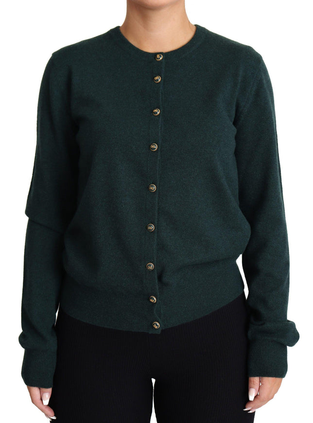 Dolce & Gabbana Dark Green Cashmere Crewneck Cardigan Sweater