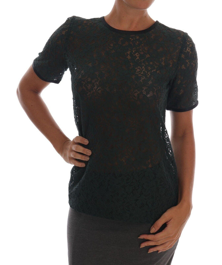 Dolce & Gabbana Dark Green Cotton Floral Lace Round Neck Blouse Top - Ellie Belle