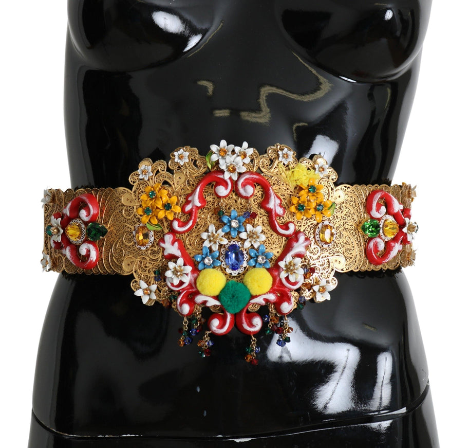 Dolce & Gabbana Embellished Floral Crystal Wide Waist Golden Belt - Ellie Belle