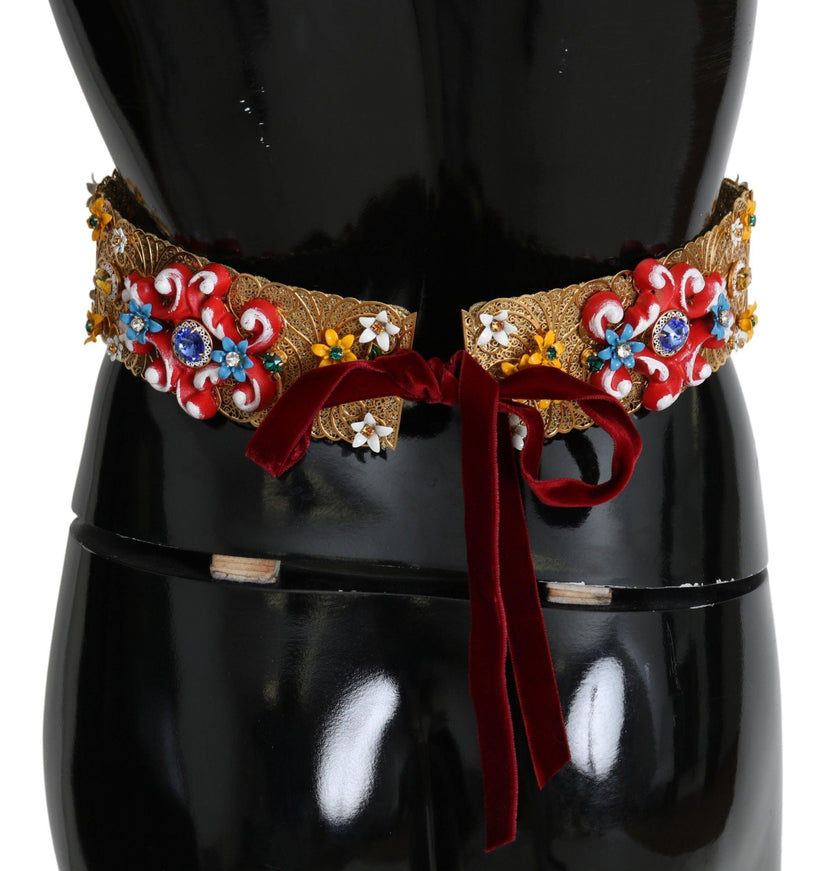 Dolce & Gabbana Embellished Floral Crystal Wide Waist Golden Belt - Ellie Belle