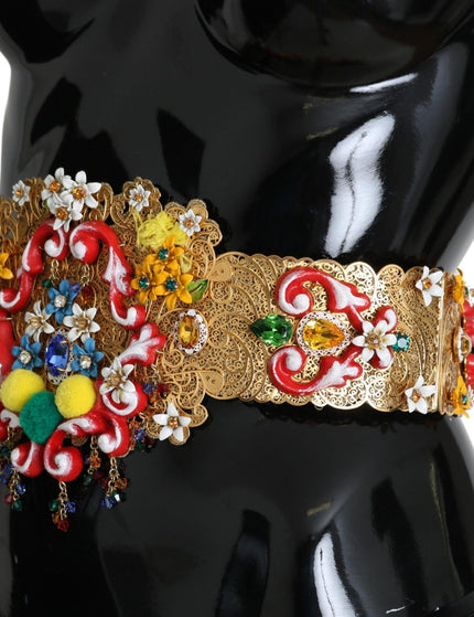 Dolce & Gabbana Embellished Floral Crystal Wide Waist Golden Belt - Ellie Belle