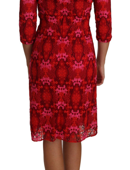 Dolce & Gabbana Floral Crochet Lace Red Pink Sheath Dress