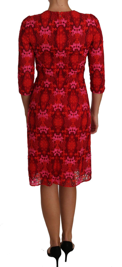 Dolce & Gabbana Floral Crochet Lace Red Pink Sheath Dress