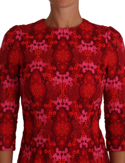Dolce & Gabbana Floral Crochet Lace Red Pink Sheath Dress