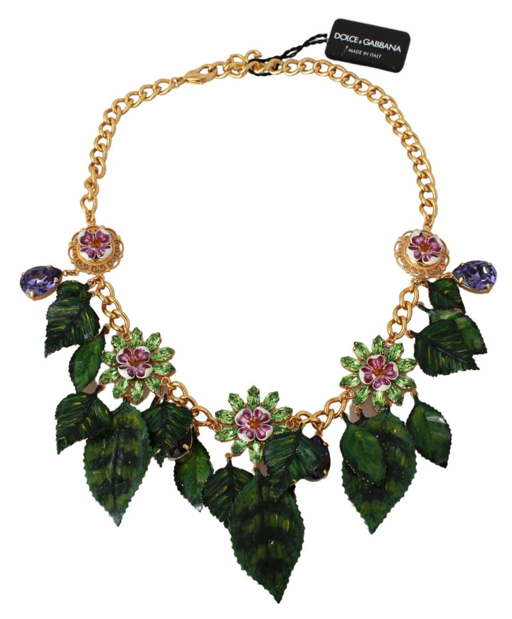 Dolce & Gabbana Floral Crystal Charm Gold Statement Necklace - Ellie Belle