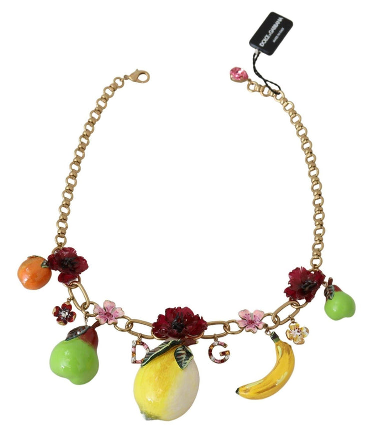 Dolce & Gabbana Fruit Pendant Flower Crystal DG Logo Gold Brass Necklace - Ellie Belle