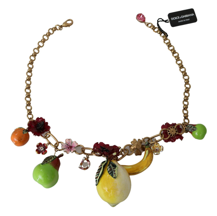 Dolce & Gabbana FRUIT Pendants Flowers Crystal DG Logo Gold Brass Necklace - Ellie Belle