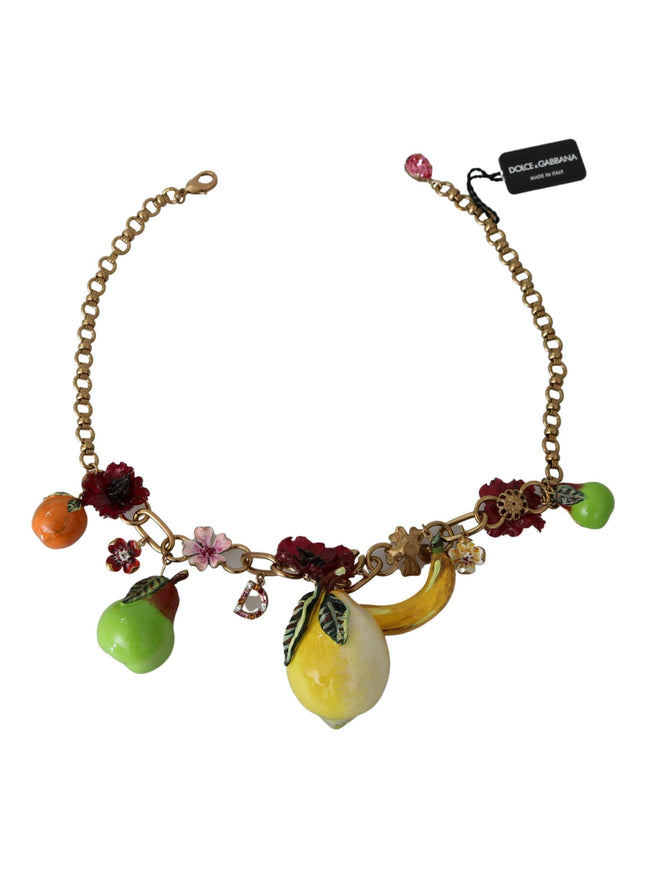 Dolce & Gabbana FRUIT Pendants Flowers Crystal DG Logo Gold Brass Necklace - Ellie Belle