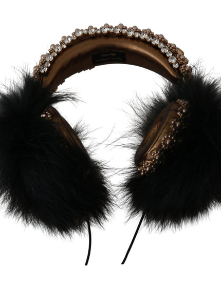 Dolce & Gabbana Gold Black Crystal Fur Headset Audio Headphones - Ellie Belle