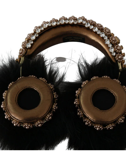 Dolce & Gabbana Gold Black Crystal Fur Headset Audio Headphones - Ellie Belle