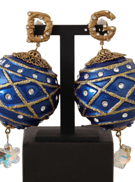 Dolce & Gabbana Gold Brass Blue Christmas Ball Crystal Clip On Earrings - Ellie Belle