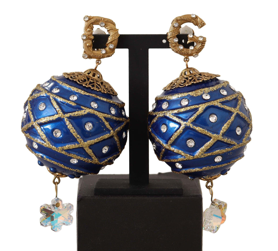 Dolce & Gabbana Gold Brass Blue Christmas Ball Crystal Clip On Earrings - Ellie Belle