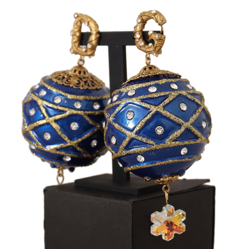 Dolce & Gabbana Gold Brass Blue Christmas Ball Crystal Clip On Earrings - Ellie Belle