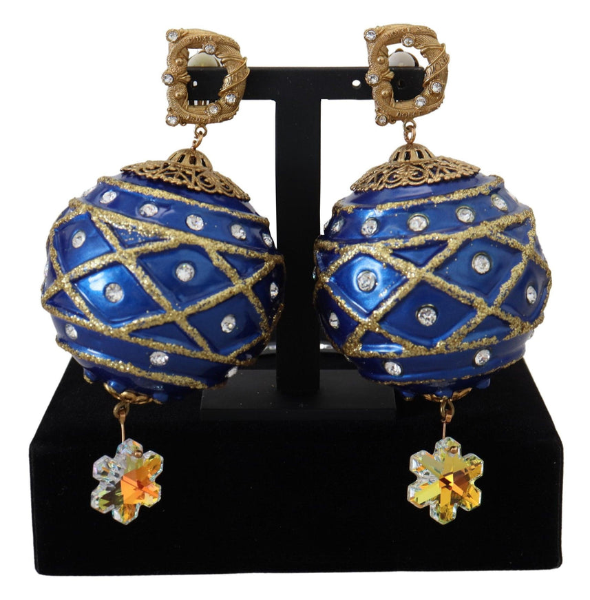 Dolce & Gabbana Gold Brass Blue Dangle Ball Crystal Clip On Earrings - Ellie Belle