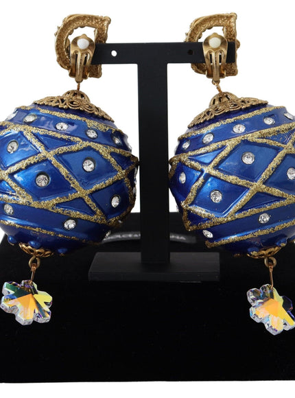 Dolce & Gabbana Gold Brass Blue Dangle Ball Crystal Clip On Earrings - Ellie Belle