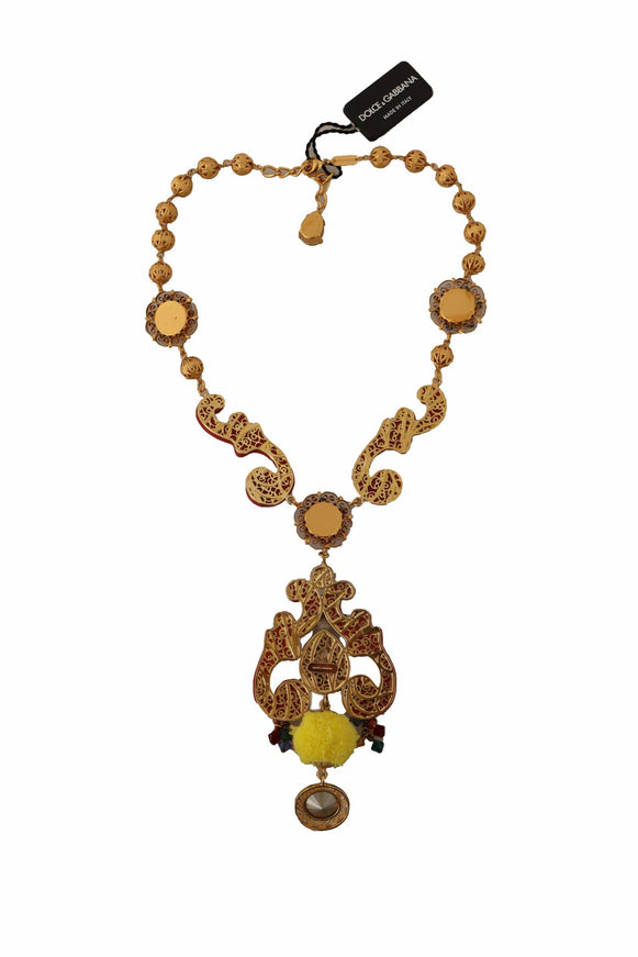 Dolce & Gabbana Gold Brass Carretto Sicily Statement Crystal Chain Necklace - Ellie Belle