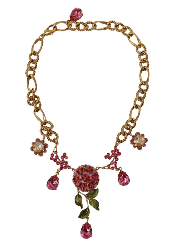 Dolce & Gabbana Gold Brass Chain Crystal Floral Roses Jewelry Necklace - Ellie Belle