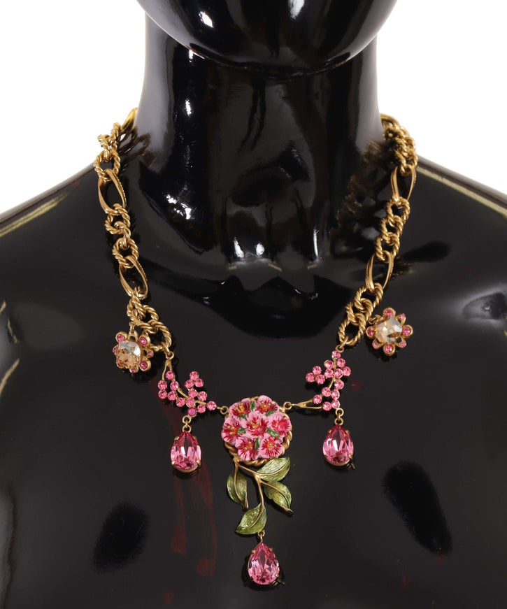 Dolce & Gabbana Gold Brass Chain Crystal Floral Roses Jewelry Necklace - Ellie Belle