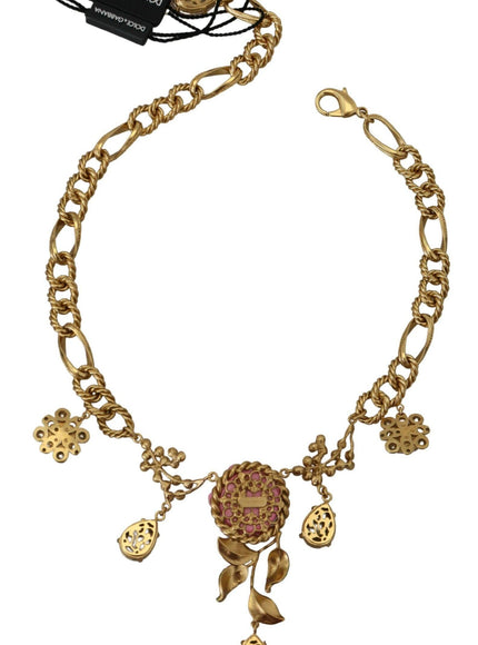 Dolce & Gabbana Gold Brass Chain Crystal Floral Roses Jewelry Necklace - Ellie Belle