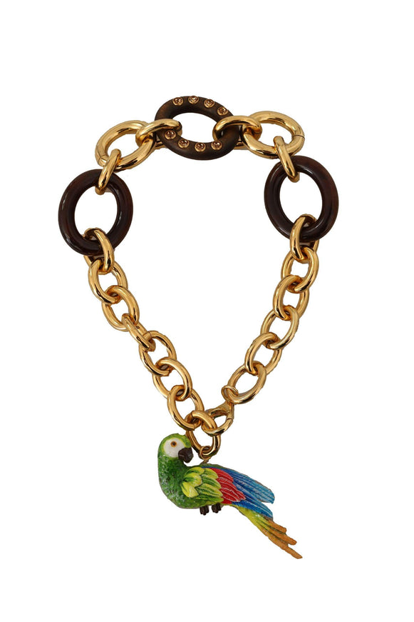 Dolce & Gabbana Gold Brass Chain Crystal Pearl PARROT Pendant Necklace - Ellie Belle