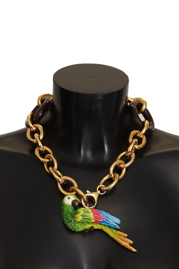 Dolce & Gabbana Gold Brass Chain Crystal Pearl PARROT Pendant Necklace - Ellie Belle