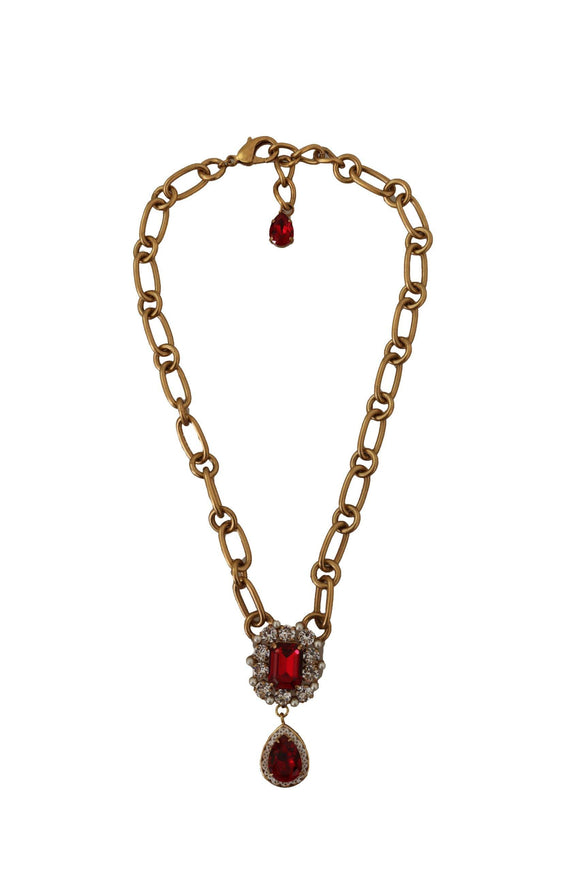 Dolce & Gabbana Gold Brass Chain Red Crystal Pendant Statement Necklace - Ellie Belle