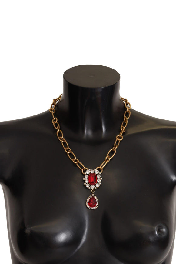 Dolce & Gabbana Gold Brass Chain Red Crystal Pendant Statement Necklace - Ellie Belle