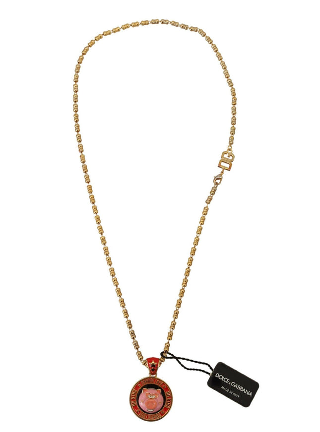Dolce & Gabbana Gold Brass Chain SUPER PIG Pendant Logo Necklace - Ellie Belle