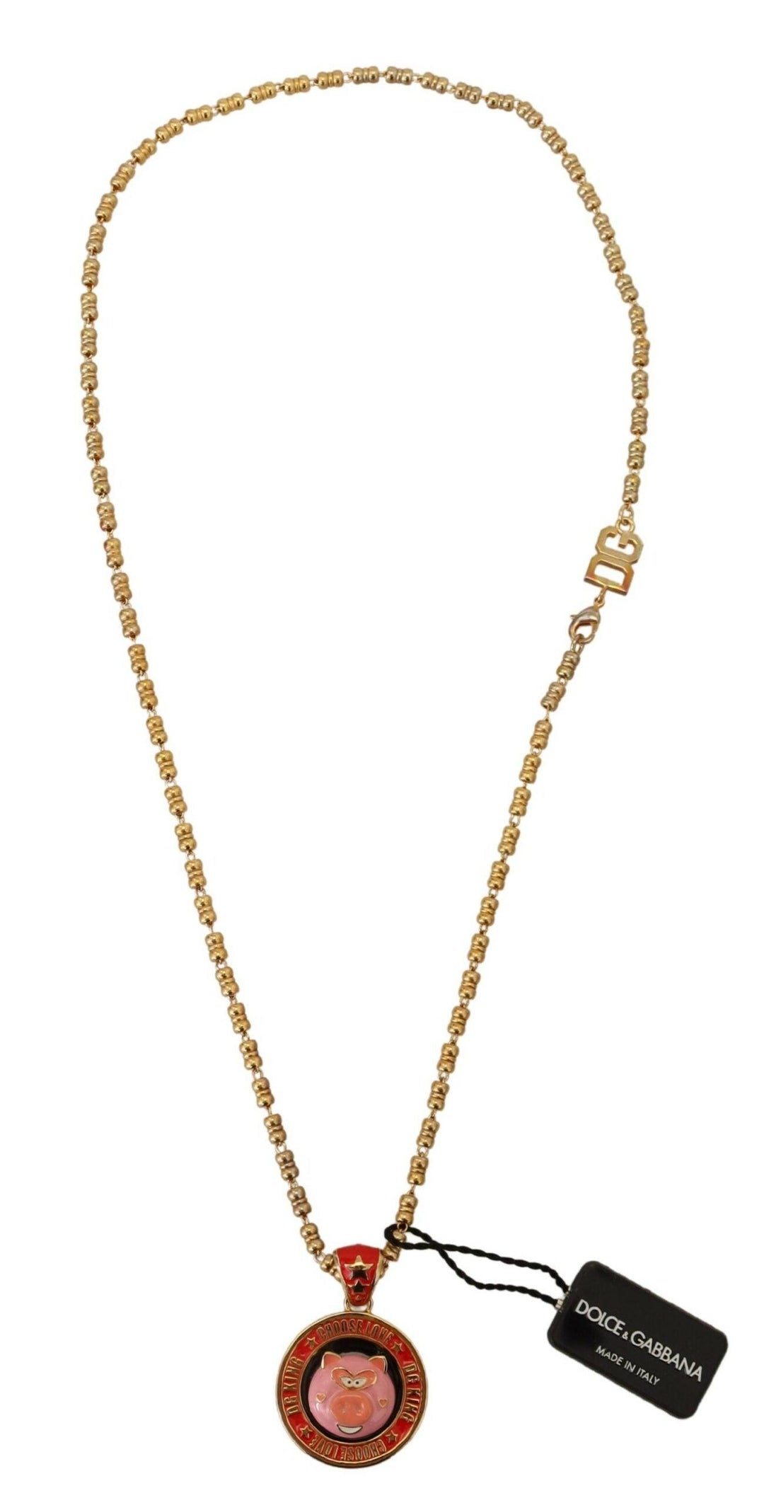 Dolce & Gabbana Gold Brass Chain SUPER PIG Pendant Logo Necklace - Ellie Belle