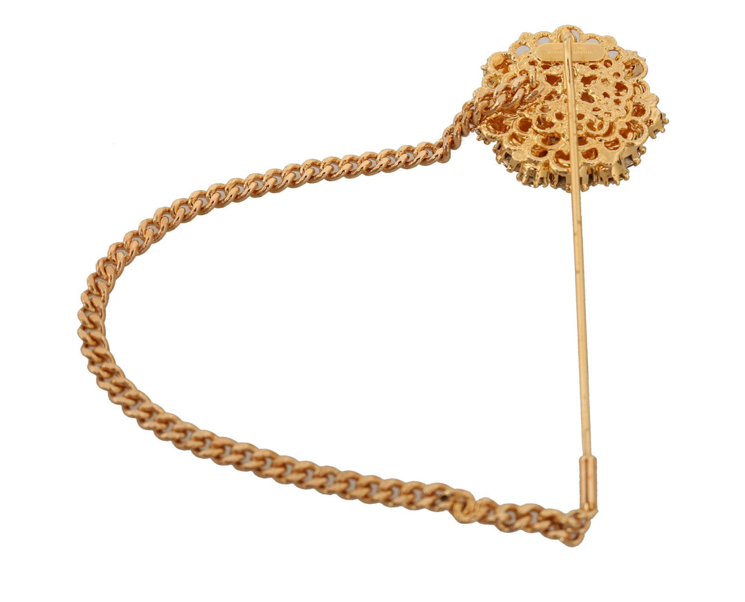 Dolce & Gabbana Gold Brass Clear Crystal Chain Pin Women Brooch - Ellie Belle