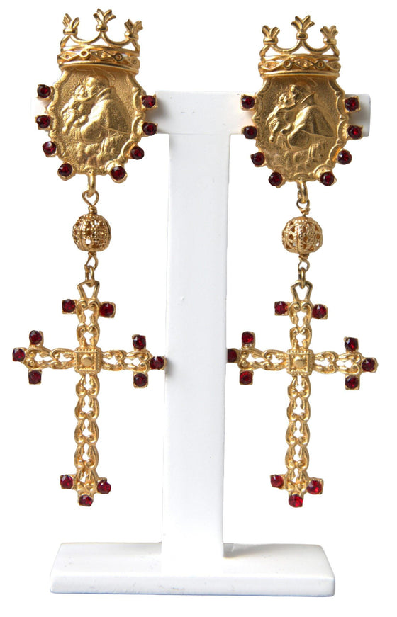 Dolce & Gabbana Gold Brass Crown Cross Crystal Clip On Dangling Earrings - Ellie Belle